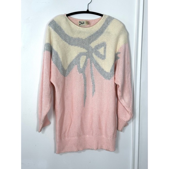 Vintage 80s pink Bow Pullover knit sweater Womens S shoulder pads silver duet - Picture 2 of 9
